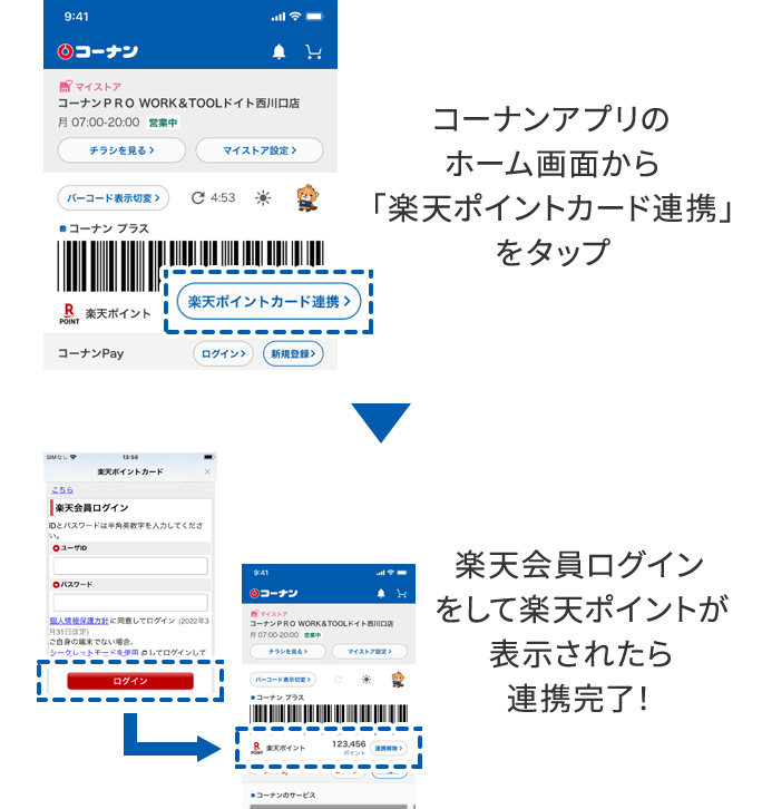 コーナンアプリのホーム画面から「楽天ポイントカード連携」をタップ→楽天会員ログインをして楽天ポイントが表示されたら連携完了！