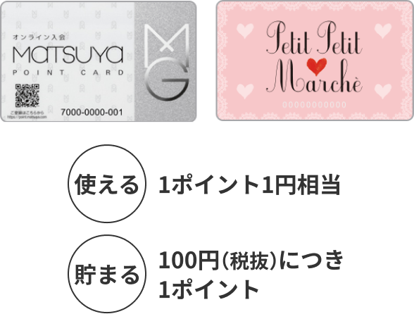 使える→1ポイント1円相当／貯まる→100円（税抜）につき1ポイント