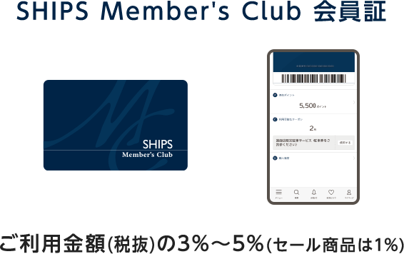 SHIPS Member's Club 会員証 ご利用金額(税抜)の3%～5%(セール商品は1%)