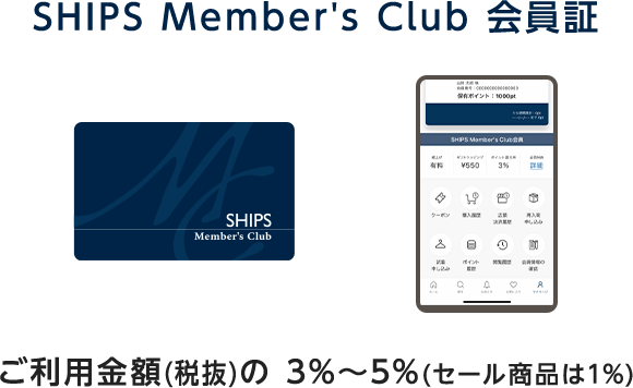 [SHIPS Member's Club 会員証]ご利用金額(税抜)の3％～5％(セール商品は1％)