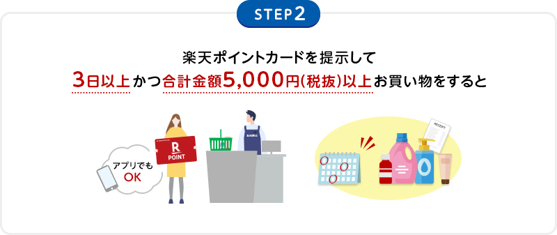 【STEP2】楽天ポイントカードを提示して3日以上かつ合計金額5,000円(税抜)以上お買い物をすると(アプリでもOK！)