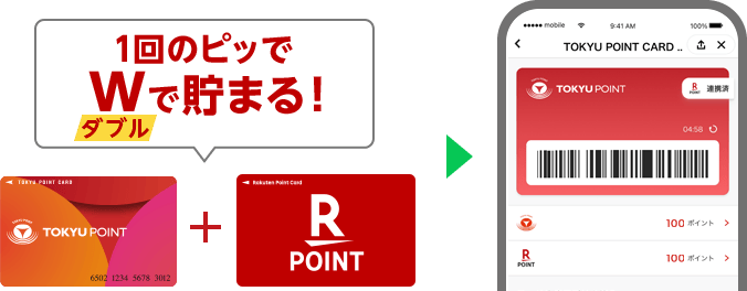 1回のピッで楽天ポイントカードとTOKYU POINT CARDのポイントがダブルで貯まる