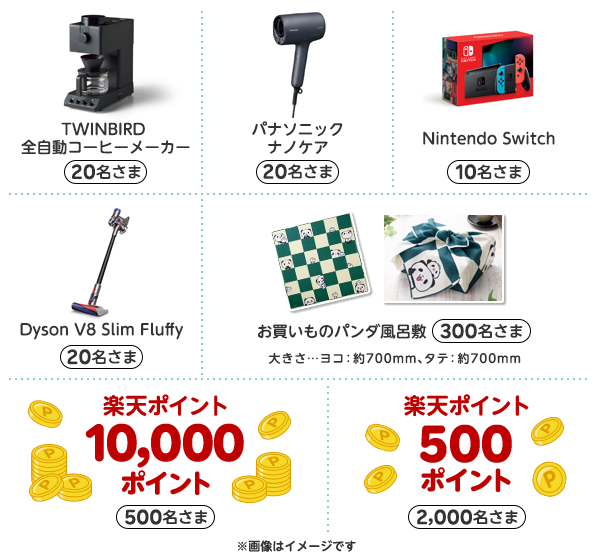 [TWINBIRD 全自動コーヒーメーカー(20名さま)][パナソニック ナノケア(20名さま)][Nintendo Switch(10名さま)][Dyson V8 Slim Fluffy(20名さま)][お買いものパンダ風呂敷(300名さま)大きさ...ヨコ:約700mm、タテ:約700mm][楽天ポイント10,000ポイント500名さま][楽天ポイント500ポイント(2,000名さま)] ※画像はイメージです