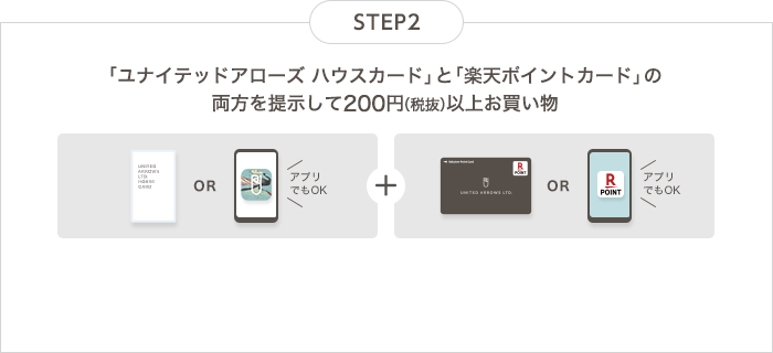 【STEP2】｢ユナイテッドアローズ ハウスカード」と｢楽天ポイントカード」の両方を提示して200円(税抜)以上お買い物(アプリでもOK)