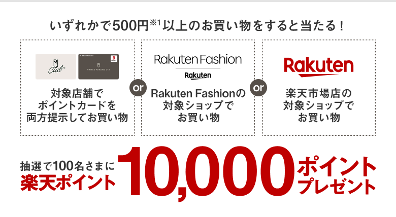 いずれかで500円(※1)以上のお買い物をすると当たる!対象店舗でポイントカードを両方提示してお買い物 or Rakuten Fashionの対象ショップでお買い物 or 楽天市場店の対象ショップでお買い物 抽選で100名さまに楽天ポイント10,000ポイントプレゼント