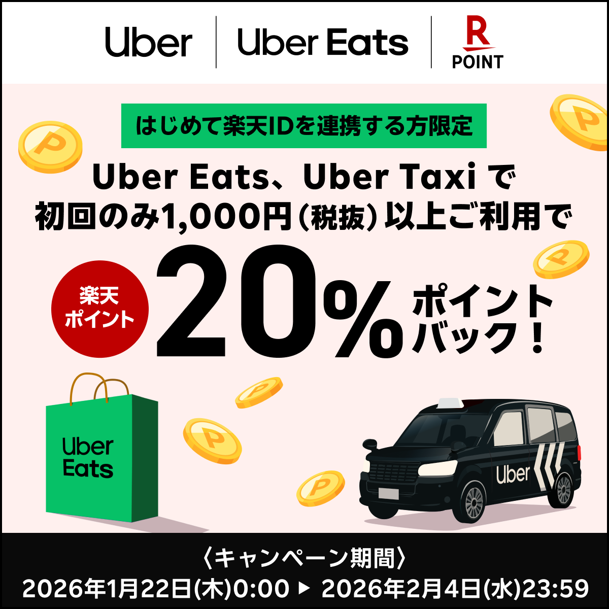 【Uber | Uber Eats | 楽天ポイントカード】はじめて楽天IDを連携する方限定 Uber Eats、Uber Taxiで初回のみ1,000円（税抜）以上ご利用で楽天ポイント20％ポイントバック！ 〈キャンペーン期間〉2026年1月22日（木）0:00▶2026年2月4日（水）23:59