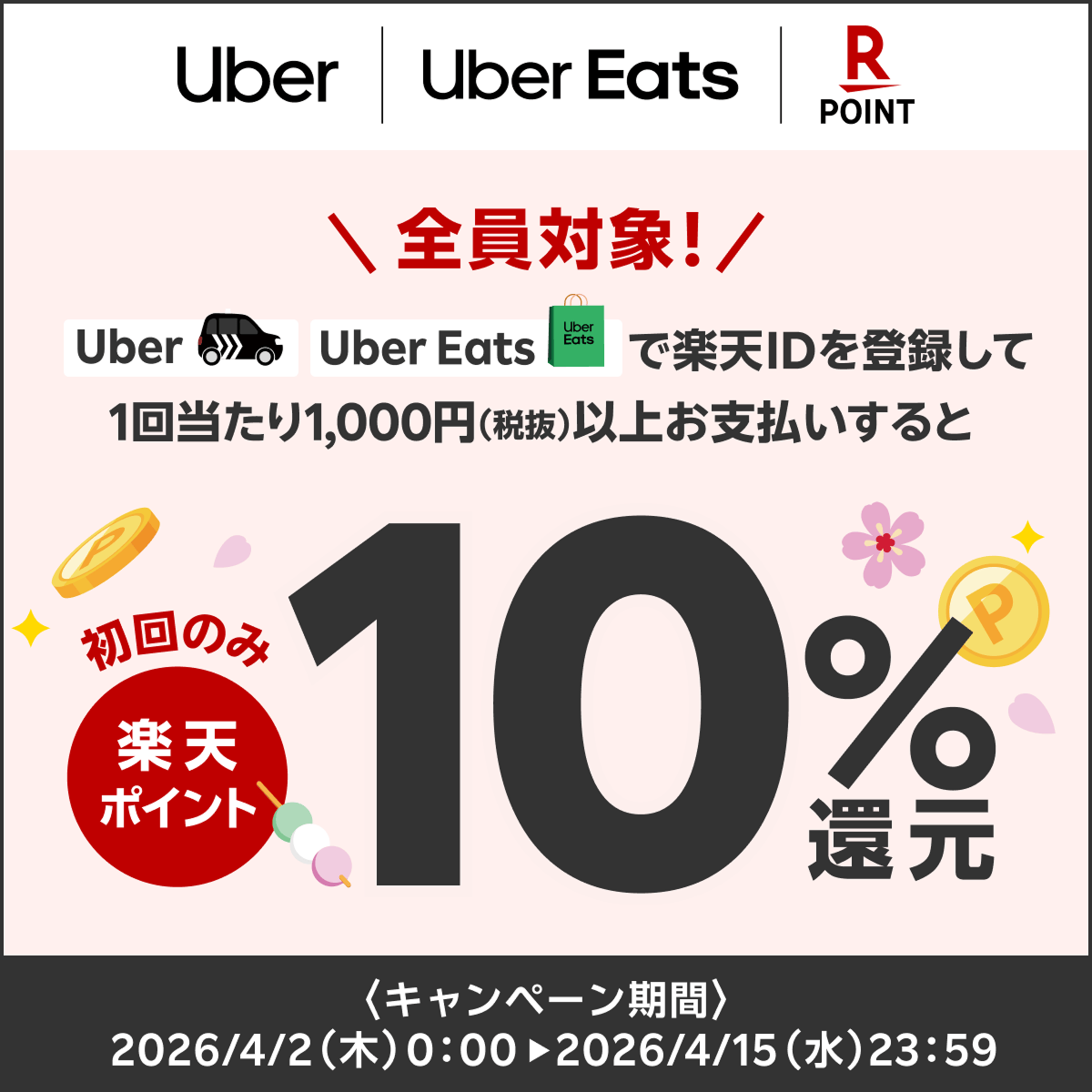 【Uber | Uber Eats | 楽天ポイントカード】全員対象！Uber、Uber Eatsで楽天IDを登録して1回当たり1,000円（税抜）以上お支払いすると初回のみ楽天ポイント10％還元 〈キャンペーン期間〉2026年4月2日（木）0:00▶2026年4月15日（水）23:59