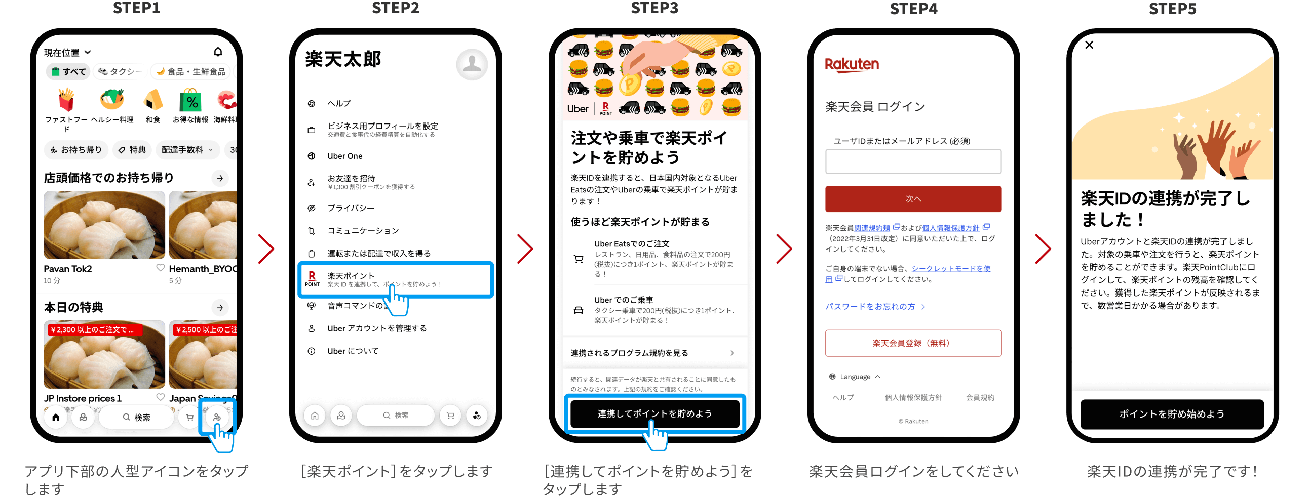STEP1：アプリ下部の人型アイコンをタップします→STEP2：「楽天ポイント」をタップします→STEP3：「連携してポイントを貯めよう」をタップします→STEP4：楽天会員ログインをしてください→STEP5：楽天IDの連携が完了です！