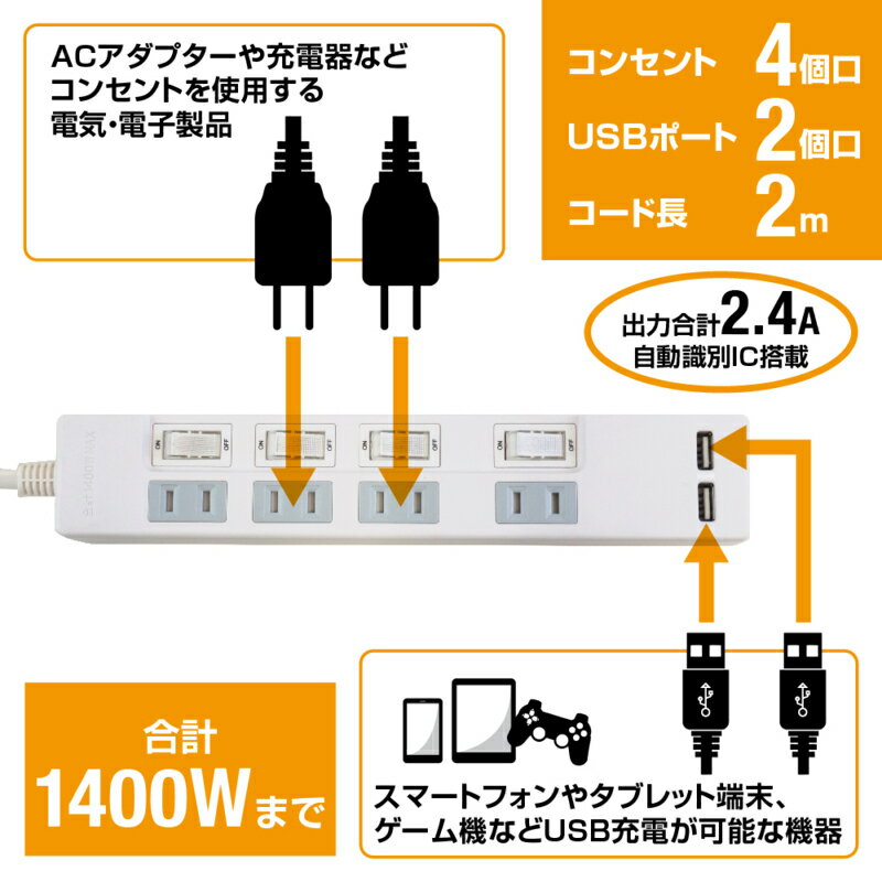 STYLED USB付ACタップ 4個口 上挿し STP4UA2W-2