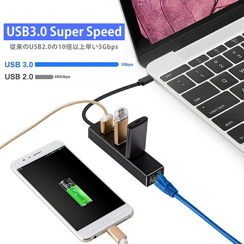 MacLab. USB Type C ハブ USB3.0×3 LANアダプター ブラック BC-UCUL2BK