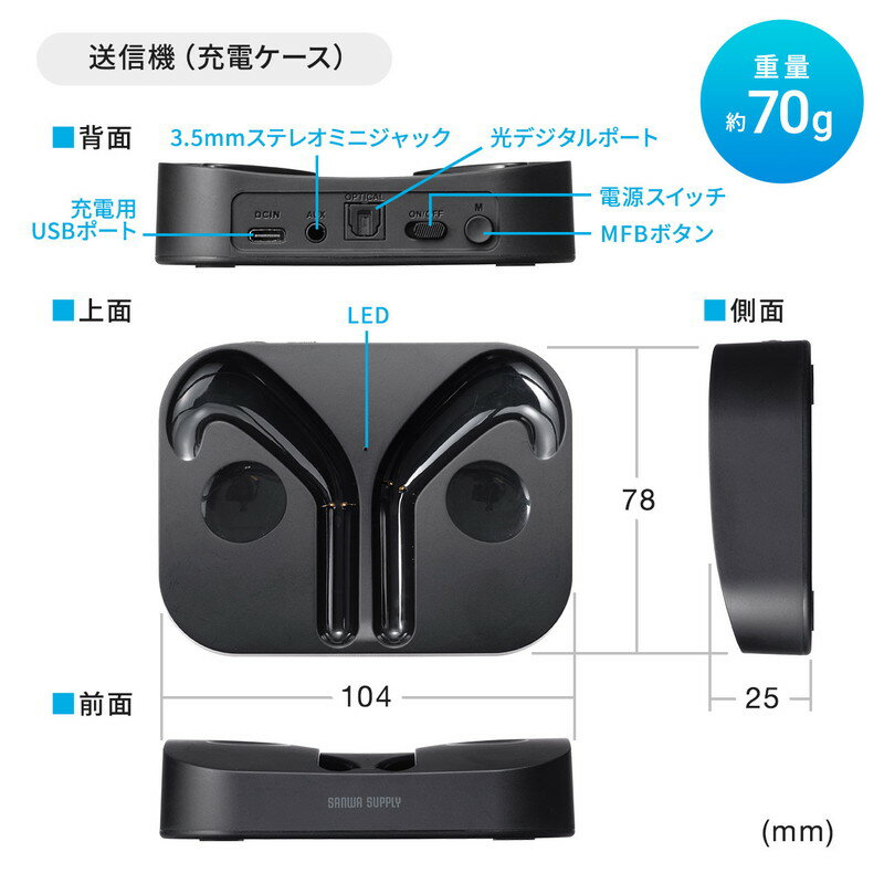 サンワサプライ オープンイヤーイヤホン ワイヤレス 400-BTTWS4BK
