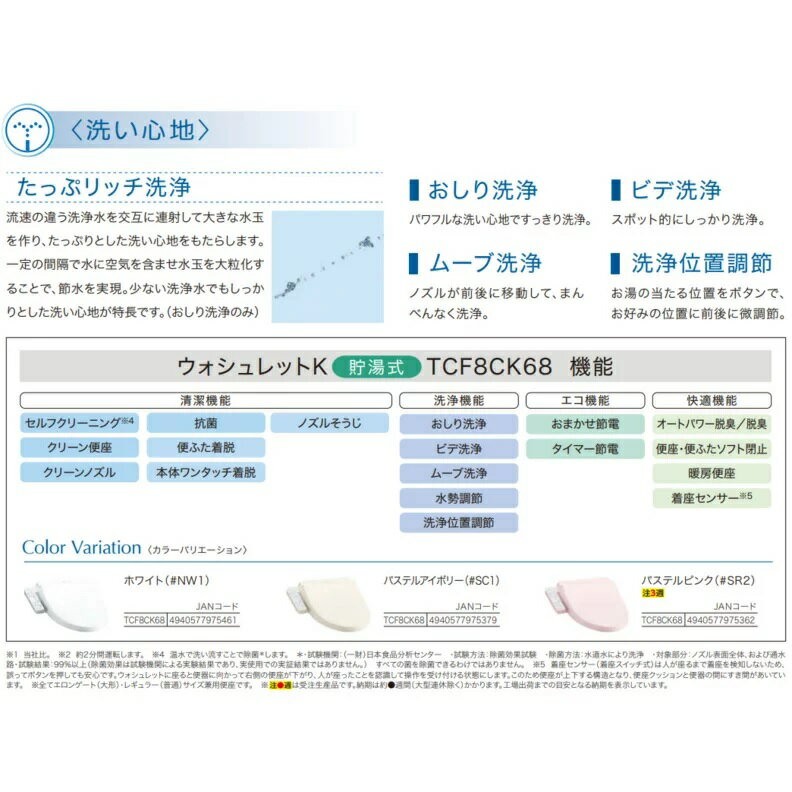 楽天市場】TOTO TOTO ウォシュレット 貯湯式 アイボリー TCF8CK68#SC1