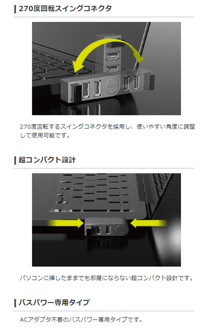 エレコム USBハブ 2.0 3ポート バスパワー 直挿し スイングコネクタ U2H-TZ325BBK(1個)