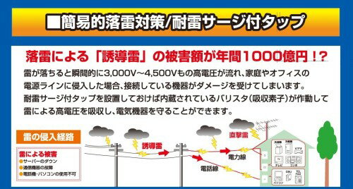 エルパ(ELPA) LEDランプスイッチ付タップ 耐雷サージ機能付 上挿し 6個口 2m WLS-LU620MB(W)(1コ入)