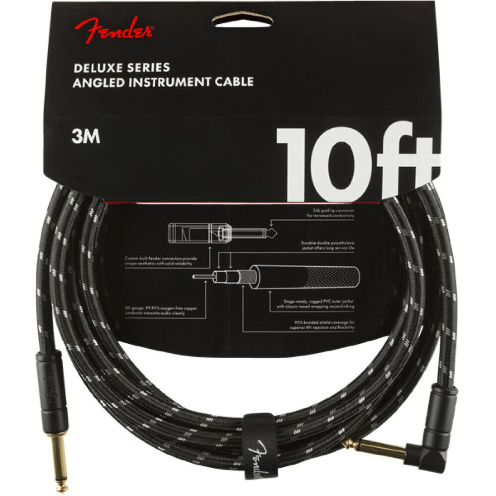 Fender Deluxe Series Instrument Cable, Straight/Angle, 10′ Black Tweed ギター/ベースケーブル フェンダー