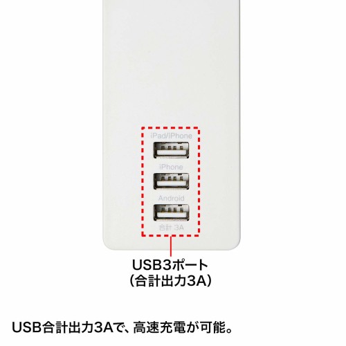 サンワサプライ USB充電機能付きタップ TAP-F37U-2