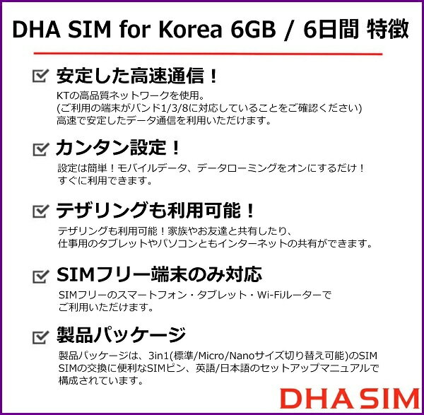 DHA Corporation DHA-SIM-026 SIM for KOREA 韓国用 30日15GB データSIM