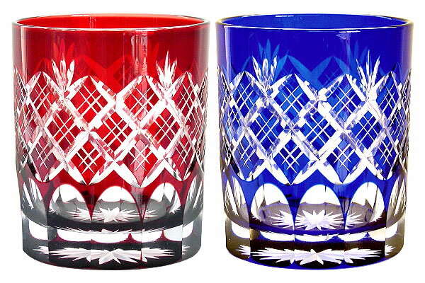 楽天市場】江戸切子 切子グラス ペア TG04-24-2 重ね矢来 底菊 青＋赤