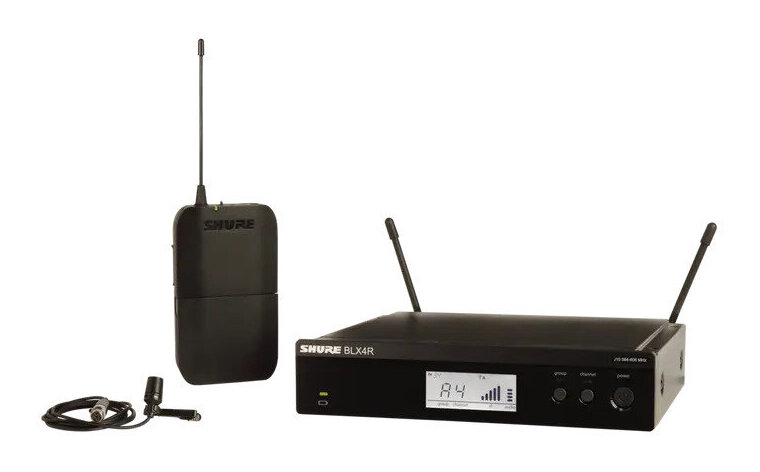 SHURE 送信機と受信機セット。簡単セットアップ周波数可変式。CVLマイク付属。 BLX14R/CVL