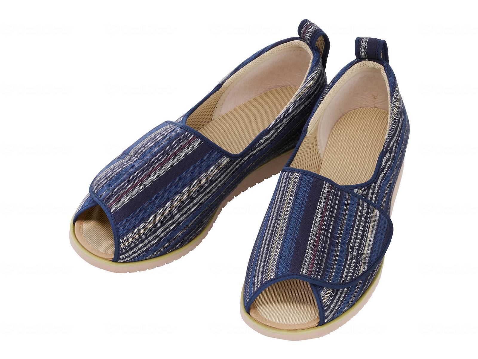 介護靴 施設・院内用 オープン和 なごみ 1026 両足 徳武産業 あゆみシリーズ LL 24.0～24.5cm 青 縞