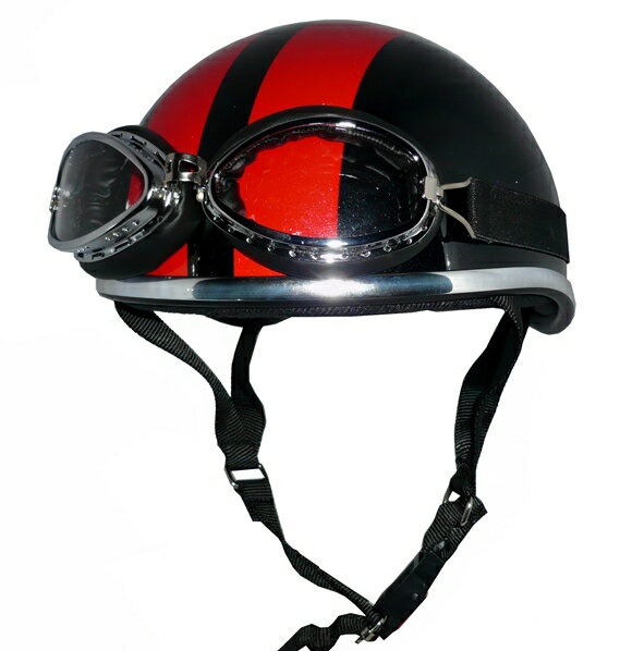 ザワキタ装飾ゴーグル付きメッキモール仕様ダックテールヘルメット【メタリックブラック/レッドライン】