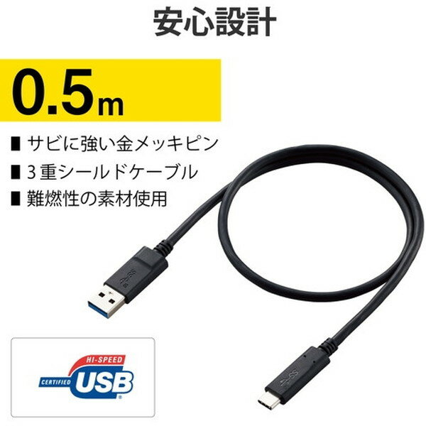 エレコム カメラケーブル Type-Cケーブル USBA-USBC USB3.1 50cm DGW-U3AC05NBK(1個)