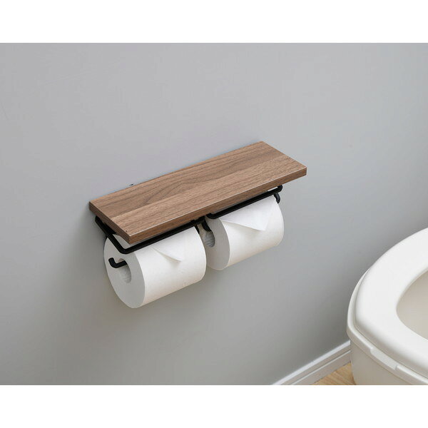 山善 YAMAZEN トイレットペーパーホルダー 棚付き スマホ置き/インテリア ダブル 汚れに強い天板 かんたん設置 幅32×奥行11×高さ9cm ダークブラウン/ブラック R…