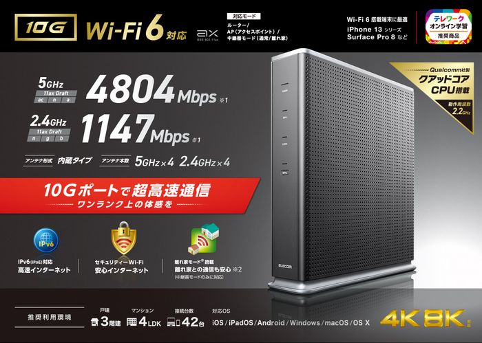 エレコム WiFi 無線LAN ルーター WiFi6 11ax.ac.n.a.g.b 4804+1147Mbps グレー(1個)