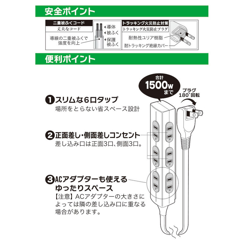 OHM スリムタップ 正面差し＋側面差しコンセント 6個口 1m HS-T61SLV3-W