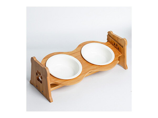 陶器製バンブースタンド付きダブルボウル ホワイト ペティファーム トウキバンブスタンドWボウルWH