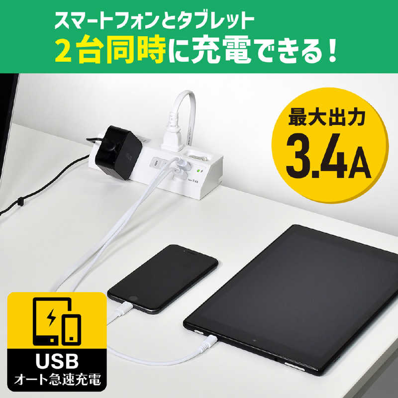 ELPA デスク電源タップ AC4個口 USB2ポート 2m WLS-DS4232SUA(W)