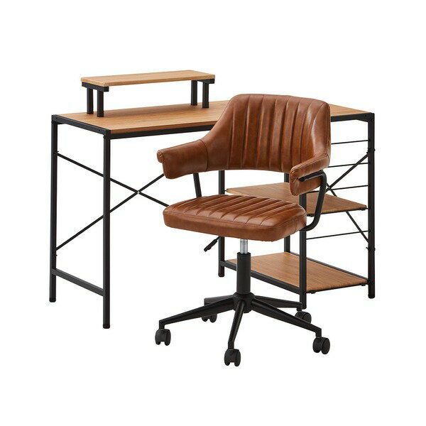 デスクチェア セット パソコンデスク約幅110cm シャビーオーク オフィスチェア ブラウン ガス圧昇降 キャスター付き 組立品