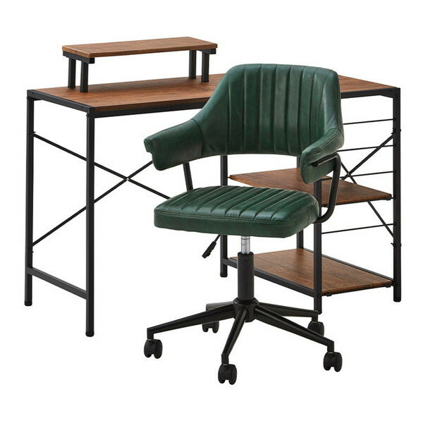 デスクチェア セット パソコンデスク約幅110cm ウォールナット オフィスチェア グリーン ガス圧昇降 キャスター付き 組立品