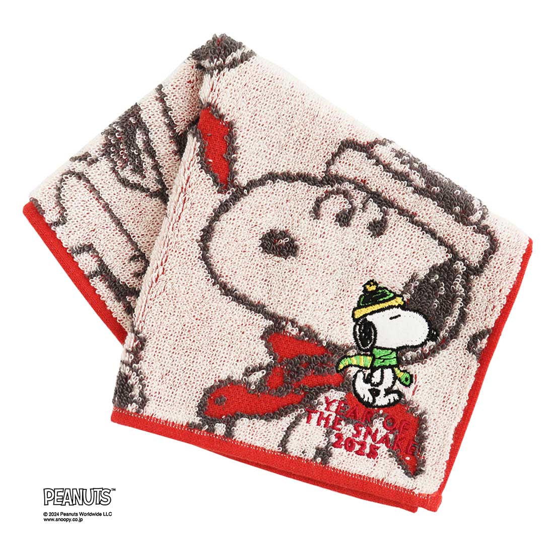 スヌーピー　タオルハンカチ　刺繍　干支　巳　オレンジ