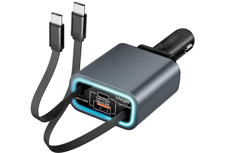 ★ソフト5点セット&新品充電コード付 楽天市場】idegia 車載充電器 リール式 Type-Cケーブル2本 + Type-C/A