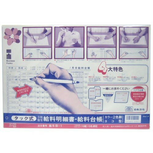 日本法令 タック式給料明細書・給料台帳 ヨコ型 カラー2色刷(3枚複写・10組)