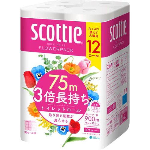 トイレットペーパー ダブル スコッティ フラワーパック 日本製紙クレシア 香り付き まとめ買い 業務用 長巻き 3倍長持ち 75m (12ロールで36ロール分) 新生活