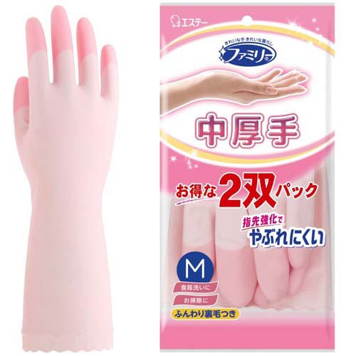 ファミリー ビニール 手袋 中厚手 指先強化 Mサイズ 2双パック 掃除 洗濯 食器洗い用(1セット)
