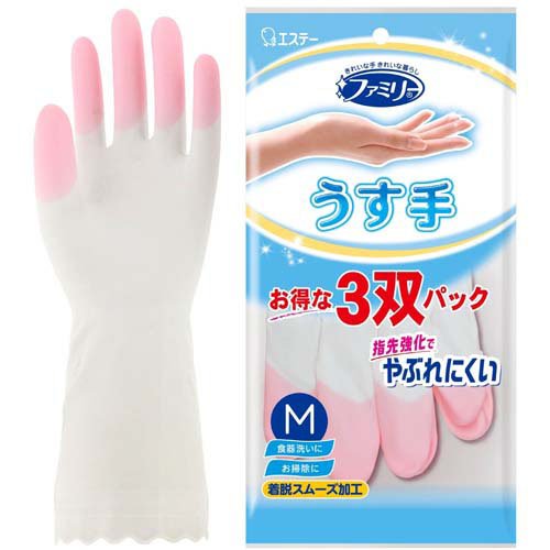 ファミリー 家庭用手袋 ビニール 手袋 うす手 指先強化 M 3双パック 掃除 洗濯 用(1セット)