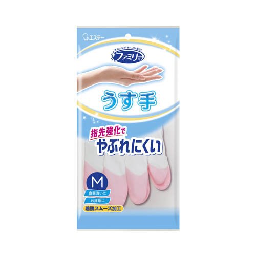 ファミリー 家庭用手袋 ビニール 手袋 うす手 指先強化 Mサイズ ピンク 掃除 洗濯 用(1双)