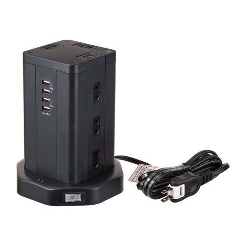 エルパ(ELPA) タワー型タップ リモート 事務用 ゲーム 12P4USB WBS-TW1204USB(BK)(1個)