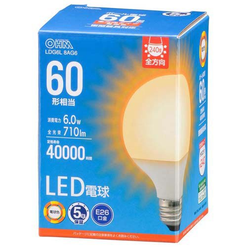 LED電球 ボール電球形 E26 60形相当 G80 電球色(1個)