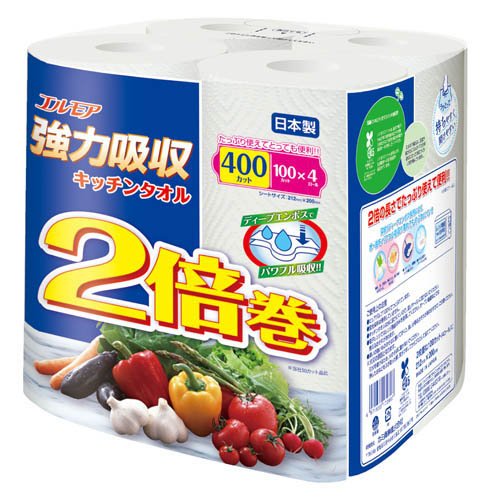 カミ商事 エルモア 強力吸収キッチンタオル 2倍巻 100カット 4ロール