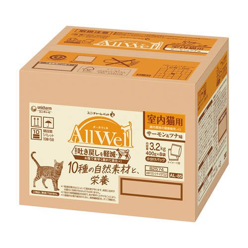 AllWell 10種の自然素材 室内猫用 サーモン＆ツナ味 ドライフード(400g×8袋)