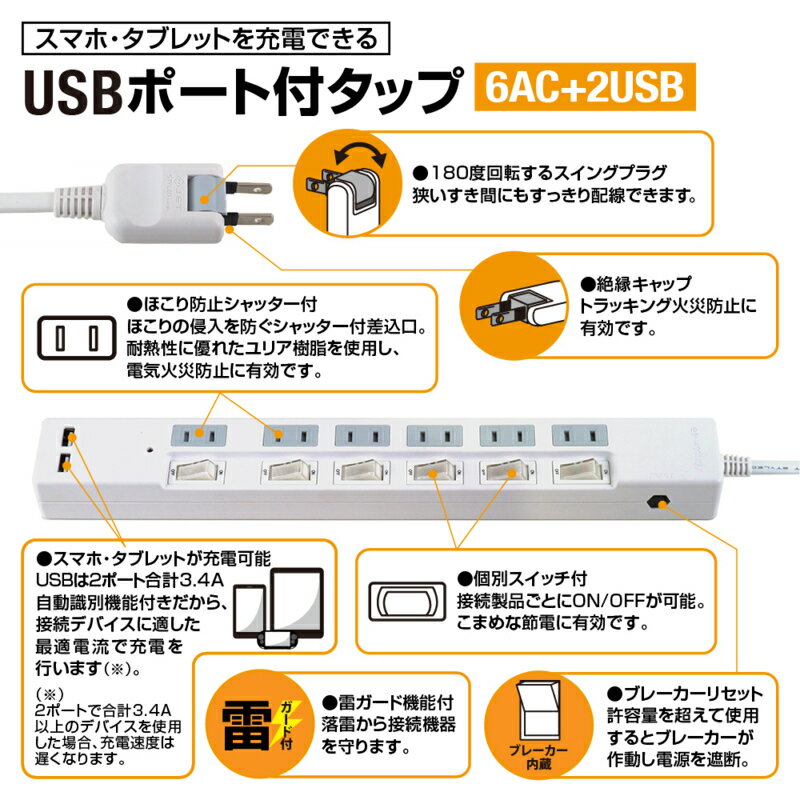 STYLED USB充電ポート付電源タップ STP6UA2W-2