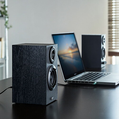 PCスピーカー 16Wのハイパワー ミニプラグ接続 マルチメディアスピーカー ステレオ 高音質 木製ブックシェルフ型400-SP068