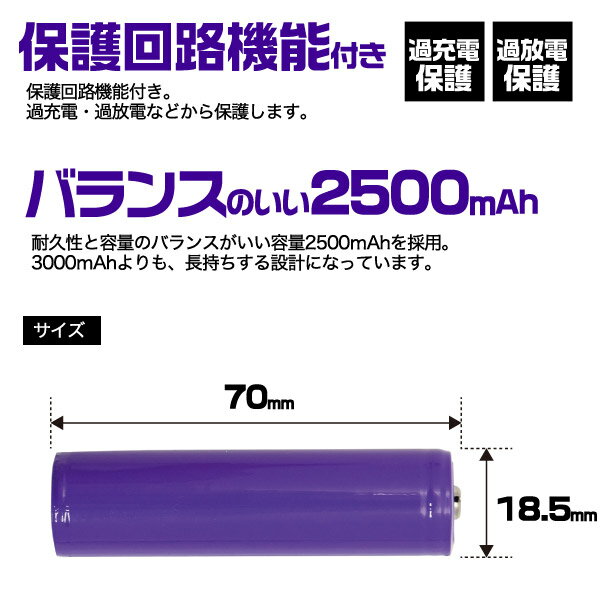 プラタ 18650 リチウムイオン充電池 3.6V 2500mAh