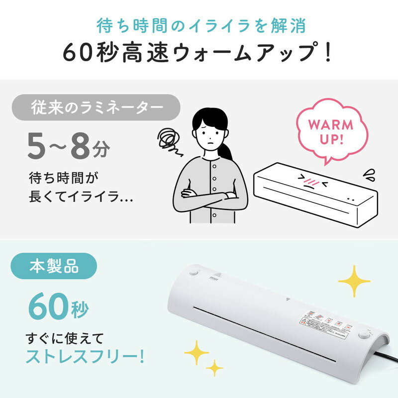 ラミネーター パウチ加工 A3 A4 名刺 2本ローラー 60秒フォームアップ EZ4-LM011