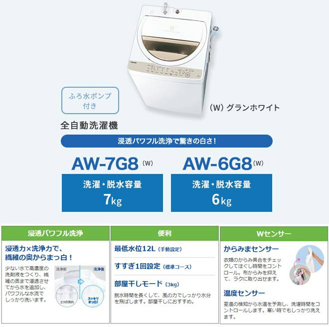 売り切り！即日発送！【TOSHIBA】AW-7G8 洗濯機⭐️美品⭐️保証書あり TOSHIBA 全自動洗濯機 AW-7G8（W） （グランホワイト） 洗濯機
