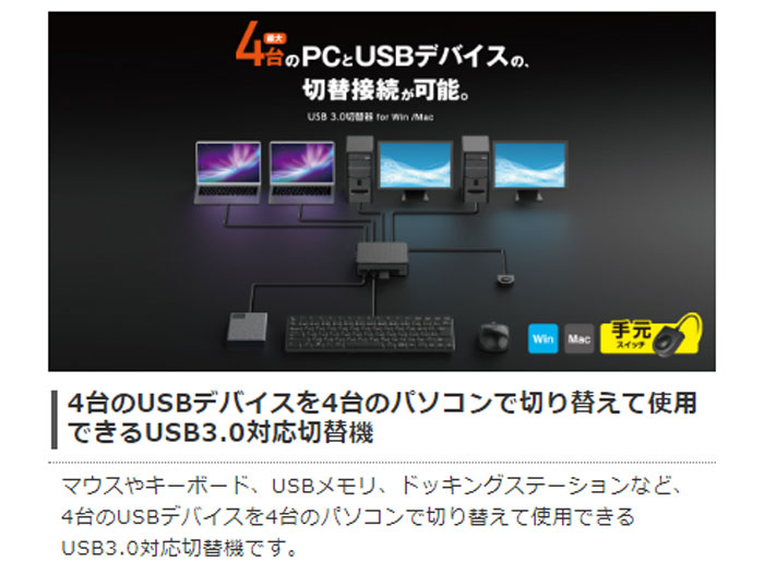 爆買い！ エレコム U3SW-T4 手元スイッチ USB3.0対応切替機 - PC周辺機器 - labelians.fr